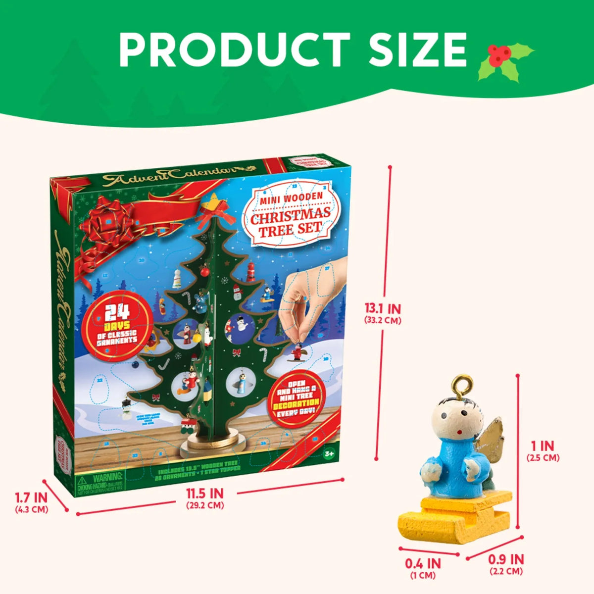 AdventJoy Wooden Advent Calendar Tree — 24-Ornament Christmas Countdown