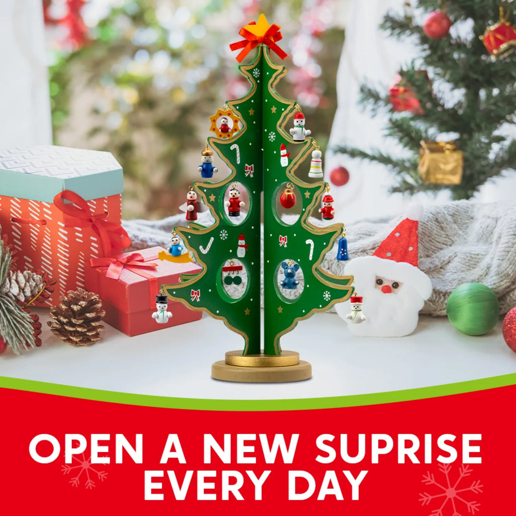AdventJoy Wooden Advent Calendar Tree — 24-Ornament Christmas Countdown