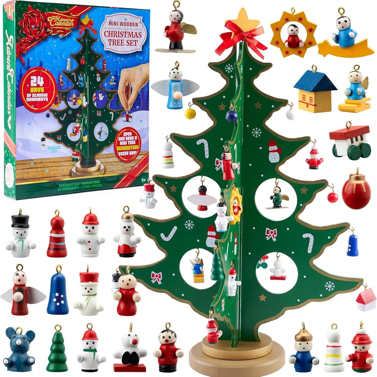 AdventJoy Wooden Advent Calendar Tree — 24-Ornament Christmas Countdown