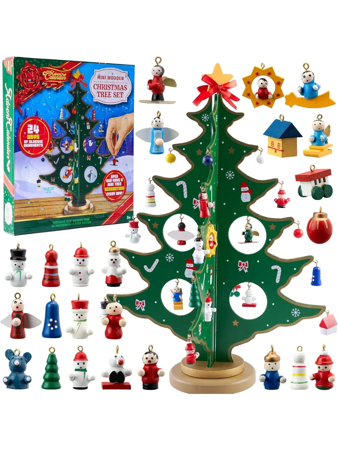 AdventJoy Wooden Advent Calendar Tree — 24-Ornament Christmas Countdown